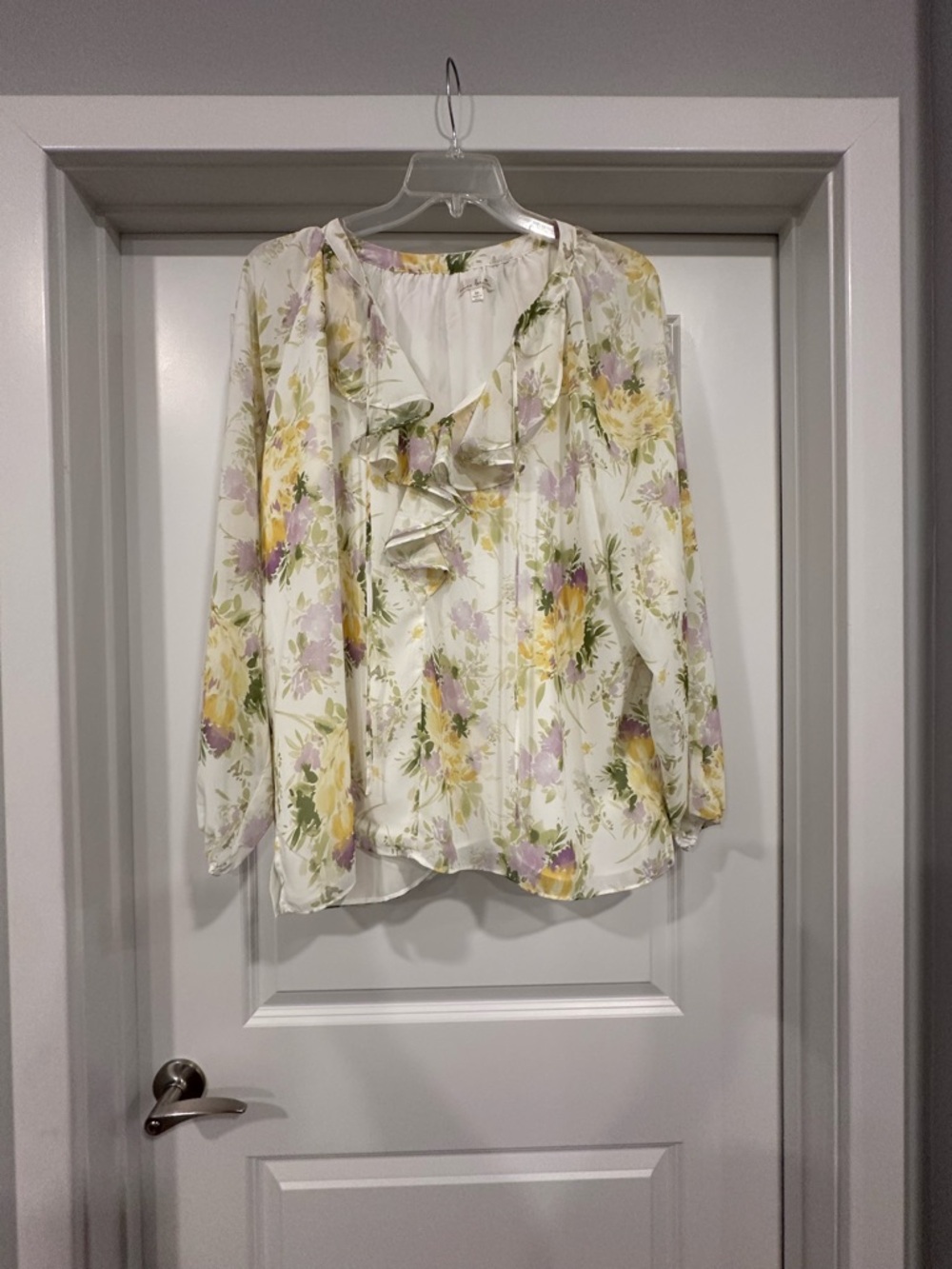 nine britton Cream Floral Ruffle V-Neck Blouse with Yellow & Lavender